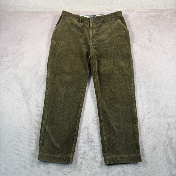 Vintage Polo Ralph Lauren Pants Men 36x29 Olive Wale Corduroy Flat Front Preppy